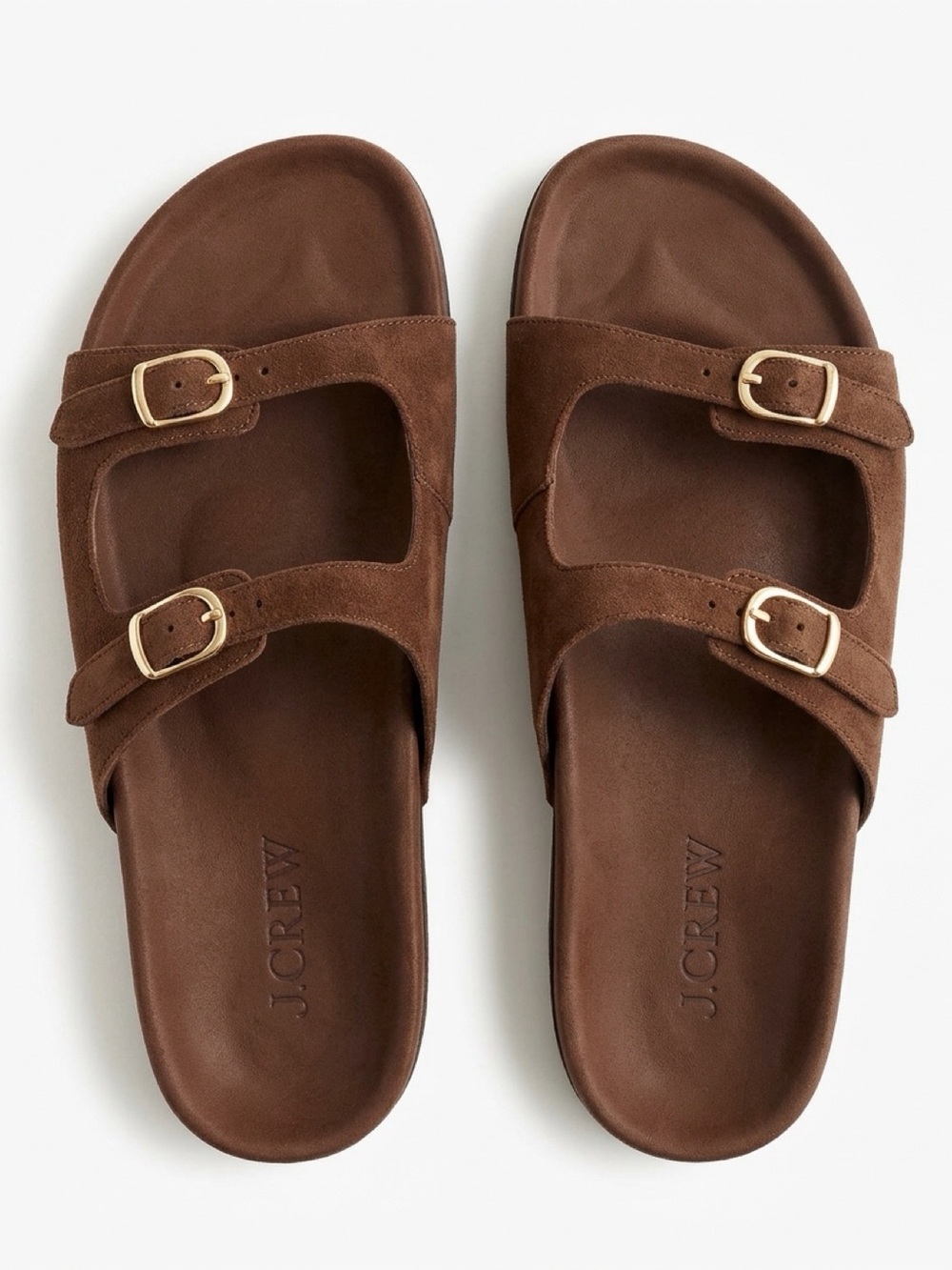 J. Crew Brown Suede Double-Strap Slide Sandals with Gold Buckles